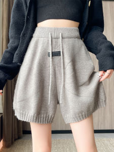 Quần Short Dệt Kim Màu Xám Có Dây Rút Cho Nữ Xuân Thu Quần Ống Đứng Ôm Sát Quần Dài Năm Inch Mặc Ngoài Trời Quần Nỉ