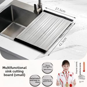 Multifunctional Folding 304 Stainless Steel Cutting Board Kitchen Sink Drain Rack Wash Basin Cutting Board Slip Resistant Long Rectangle