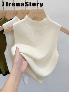 IRENASTORY 2023 Áo vest đan Cho Phụ Nữ Phong Cách Giản Dị áo len cộc tay Top Nửa cổ cao áo cổ yếm Cho Phụ Nữ