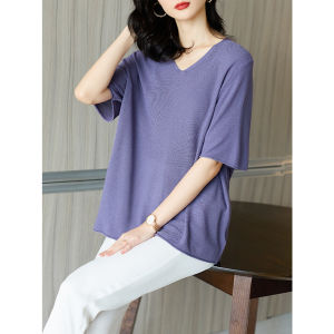 Agudo Ice Silk Knitted V-neck Top Women Summer Loose Slimming Thin Pure Color Casual Fashion Comfortable Breathable Shirt