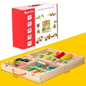 Childrens Tool Kit34 pieces Wooden Toddler Tool Set includes toolbox and stickers Montessori Educational Pole construction toys for 2 34 5 6 year old boys and girls the best birthday gift for children