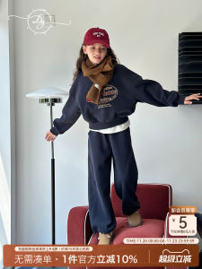 Girls Sportswear Set Fleece Lined Warm Two Piece Suit Childrens Clothing Autumn New Style Kids Outfit Soft Cotton Polyester Blend