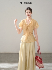 HTMEME | Korean Style Original V-Neck Adjustable See-through Slim Fit Polka Dot Blouse
