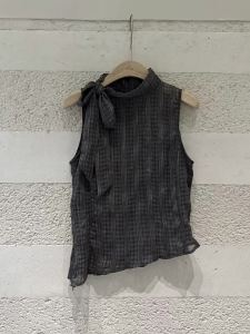 Áo Vest Giảm Cân Cổ Tròn Nơ Carô Xám