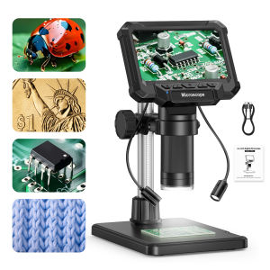 Digital Microscope with 4.3inch IPS Screen 1600X Coin Mirroscope with Lights 1920P HD Video Microscope for PCB Coins Plants