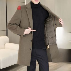 HENGYUANXIANG | Hengyuanxiang Mens Mid-Length Woolen Coat With Down Inner Vest Fashionable Urban Style Detachable Lining Long Sleeve Polyester Fiber