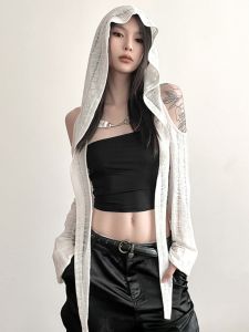 Kliou Stylish Niche Style Hand Frayed off-Shoulder Hooded Blouse Women Irregularly Slimming Versatile Short Jacket