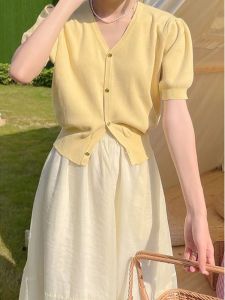 HUOLISI | Elegant French-style Retro Short Sleeve V-neck Puff Sleeves Crop Top