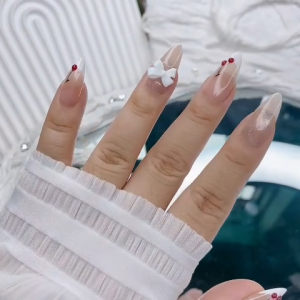 KL002 Nailbox thiết kế móng tay giả sơn cherry đính nơ trắng ngọt ngào đáng yêu phong cách Hàn Quốc