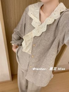 Bộ Đồ Ngủ Ren Viền Dài Tay Quần Dài Mùa Xuân Thu Phong Cách Hàn Quốc Đơn Giản Màu Trơn Ngọt Ngào Hai Mảnh Đồ Ngủ Cotton Polyester