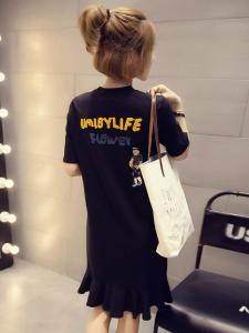 Korean Style Embroidered Short Sleeve Midi Dress Womens Base Shirt Lace Hem mid Length Skirt Commute Style round Neck Loose Waist