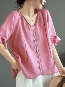 Loose Cotton Linen Bell Sleeve T-Shirt Women Summer New Style Casual Embroidery Five Sleeve Top Fashionable Commute OL Style