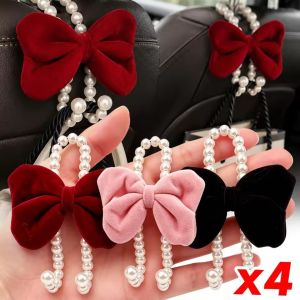 4Pcs Cute Bow Car Hanger Auto Headrest Hooks Seat Back Organizer Coat Handbag Hanging Storage Rack Elegant Pearl Velvet Bowknot Hook