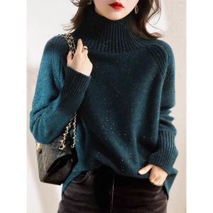 WANGGONGZHU | Womens High Collar Shiny Thread Knitted Sweater Loose Fit Overhead Style Autumn Winter Inner Wear Fashionable Lazy Style Base Shirt