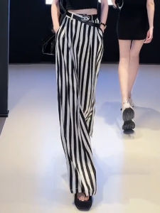 กางเกงขายาวทรงตรงเอวสูงลายทางสีดำขาว กางเกงขายาวทรงหลวมสำหรับผู้หญิง แฟชั่นฤดูใบไม้ร่วง ทรงหลวม สไตล์เกาหลี
