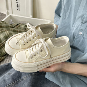 Cream Thick Sole Canvas Shoes for Women 2024 New Arrival Summer Thin White Shoes Easiest for Match Niche Style Big Head Shoes Student Board Shoes
