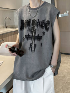 American Style Suede Fitness Sport Tank Top Men Summer Loose Heavyweight Large Size Shoulder T-Shirt round Neck Sweatback