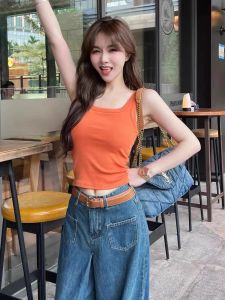 Tagkita Womens Fixed Cup Mat Anti-Light Strap Vest Pure Color U-Neck T-Shirt Top Comfortable Thin Short Length Spring Season