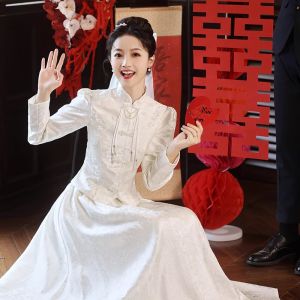 Engagement Cheongsam Dress Womens Autumn Winter Long Slim Fit White Dress High Waist A-Line Skirt Princess Style Wedding Dress