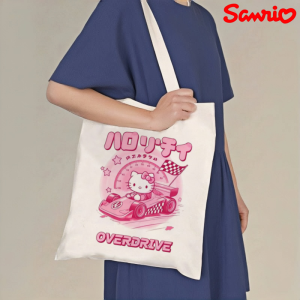 Sanrio | 1pc Cool Hello Kitty Overdrive Racing Print Canvas Tote Bag Large Capacity Eco-friendly Handbag