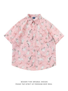 เสื้อเชิ้ตแขนสั้นพิมพ์ลายแมว MOISHE TIDE สำหรับผู้ชาย ทรงหลวม ลำลอง สีชมพู แฟชั่นฤดูร้อน ผ้าโพลีเอสเตอร์ ปกติ