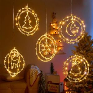 LED Christmas Decor Hanging Light Star Elk Spin Pendent Lights USB Plug For Living Room Christmas New Year Party Garland Lights