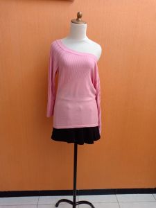 atasan kaos sabrina rajut wanita pink muda pastel COTTON CLUB cewek M L XL cute MEWAH lengan panjang santai