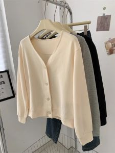 Design Sensation Single Button V-Neck Loose Fit Womens Sweatshirt Cardigan Korean Style Autumn Fashion Slimming Versatile Outerwear