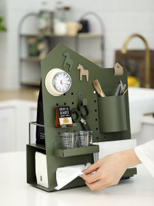 Original Desktop Vertical Hole Board Office Storage Rack Greenish-Brown Tissue Box Multi-functional Metal Organizer