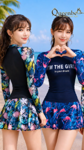 Bộ đồ bơi nữ dài tay váy quần rời có big size Queenbe GLSWIM069 vải thun Lycra co giãn ít thấm mau khô mút độn ngực dây kéo sau lưng