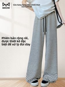 Quần ống rộng MiiOW cho nữ làm  vải cotton rộng rãi thoải mái kẻ sọc đen trắng