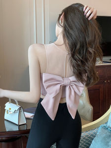 เสื้อกั๊กผ้าตาข่ายเซ็กซี่สไตล์ฝรั่งเศสสำหรับผู้หญิงในช่วงฤดูร้อนพร้อมโบว์ผีเสื้อ สายเดี่ยว เสื้อคลุมกันหนาวแบบสั้น สไตล์วันหยุด ทรงเข้ารูป