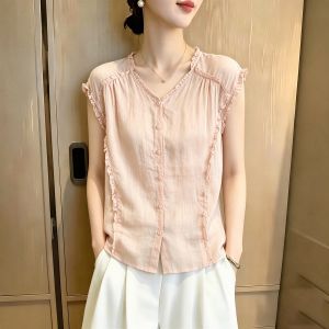 SHUAIYUE | Áo Sơ Mi Nữ Dáng Rộng Tay Ngắn Cổ V Viền Ren