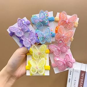 Ikat Rambut Anak Perempuan Bentuk Kupu-Kupu 2IN1 Kunciran Rambut Manik-Manik Kilau Sequin Warna Warni Gradasi Butterfly Hair Tie