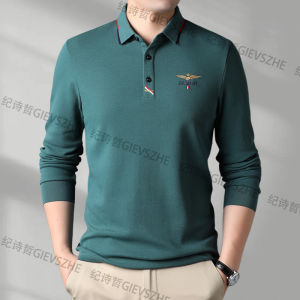 เสื้อยืดคอโปโลแขนยาวผ้าฝ้ายแท้ GIEVSZHE 2025 ฤดูใบไม้ผลิและฤดูใบไม้ร่วง ปักสีแดง สำหรับผู้ชายวัยกลางคน ระบายอากาศได้ดี ปกติ