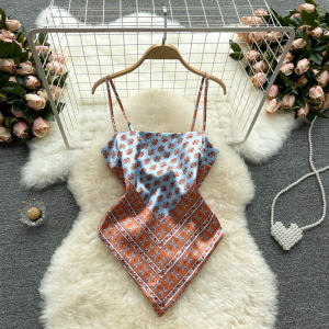 Womens Slim Fit Printed Crop Top Knot Back Versatile Strap Vest Design Sensation Small Print Belly Commute Style Summer Wear