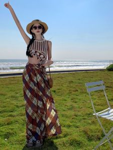 Summer Original Seaside Beach Vacation Style Trip Shoot Gingham Brown Pants Split Trousers Elastic Waist Mop Pants