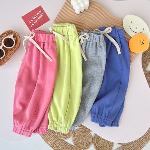 ฤดูใบไม้ผลิฤดูใบไม้ร่วงกางเกงผ้าฝ้ายลําลองสําหรับชายและหญิงหลวมเอวยางยืด Belted กางเกงขายาวอเนกประสงค์สไตล์เกาหลี