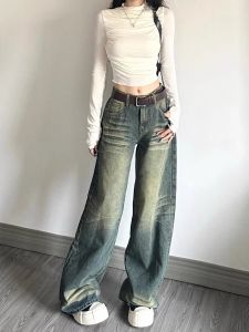 กางเกงยีนส์ทรงหลวมเอวสูงสไตล์สตรีทสไตล์อเมริกันสำหรับผู้หญิง กางเกงขายาวทรงตรงทรงหลวมสไตล์ย้อนยุคสำหรับฤดูร้อน