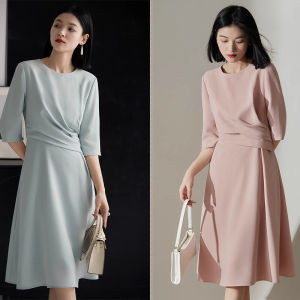 ชุดเดรสทรงเอเอวสูงสไตล์ฝรั่งเศส แขนยาวปานกลาง ทรงเข้ารูป ทรงเข้ารูป ชุดเดรสยาวปานกลาง ชุดทำงานฤดูร้อน