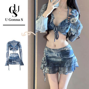 ชุดว่ายน้ำสำหรับผู้หญิงแนวเซ็กซี่คอวี2024 4ชิ้นมีผ้าคลุมเอวสูงดอกไม้แขนยาวแฟชั่นน่ารักยืดได้สีน้ำเงิน