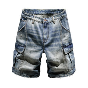 LIANSENNIAO | Quần Short Jeans Đa Ngăn Retro Cao Cấp Mùa Hè Kiểu Dáng Thẳng Rộng