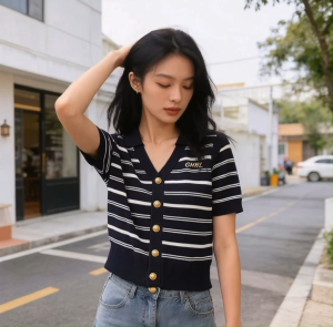 Cổ áo loại V cổ đan vào mùa hè dành cho phụ nữ ngắn tay có thiết kế nhẹ nhàng với sang trọng nhẹ và cao cấp sọc và phong cách thêu trên đỉnh tay ngắn