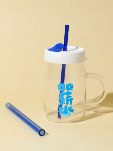 Creative Large Belly Glass Cup with Handle Straw Office High Temperature Resistant Womens Milk Tea Water Cup Straw Cup