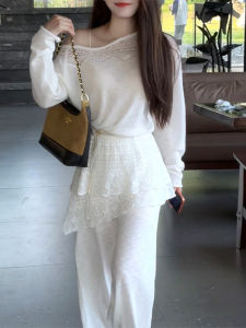 Shalldoer | Summer Lace Off-shoulder Long-sleeve T-shirt and Leisure Pants Set