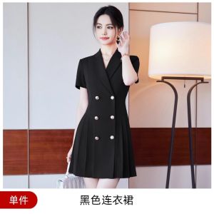 ชุดเดรสสูทสีชมพู แขนสั้น ทรงเอ เอวสูง แฟชั่นฤดูร้อน สำหรับผู้หญิงไซส์ใหญ่ ชุดทำงาน ชุดเดรสสีชมพู ชุดเดรสยาวคลุมเข่า