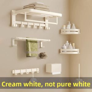 No-drilling Cream White Towel Rack Bath Shelf