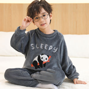 Thickened Flannel Pajamas for Boys Autumn Winter Home Clothes Set Fleece Lined Warm Long Sleeve round Neck Home Suit for Kids