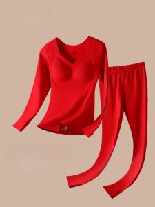 Warmth Innerwear Set SNOW FLYING Red Fortuitous Year Wedding Exclusive Womens No-Need Bra Long Sleeve V-Neck Long Pants