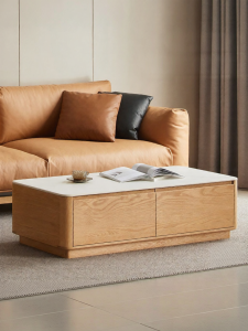 YUANSHI YUANSU | All Solid Wood Oak and Rock Panel Simple Small Spaces Living Room Tea Table